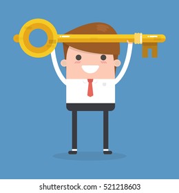 Businessman or manager holds a golden key in his hand.