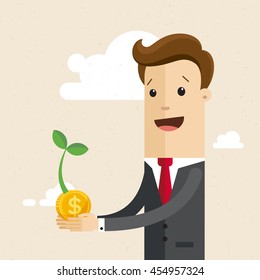 Businessman or manager holds a small green plant in his hand as a symbol of a new business, project, first profit. Vector, illustration, flat