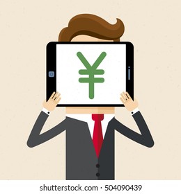 Businessman or manager holds tablet  in hands and shows yen sign on screen. Concept Foreign Exchange. Vector, illustration, flat