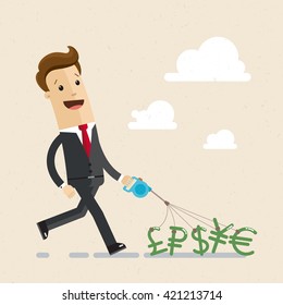 A businessman or manager holds world currencies on a leash like a dog.  Icons of dollar, euro, ruble, yen, pound.  Vector illustration