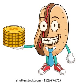 Businessman or manager of hot dog cartoon character holding stack of gold coins with funny smile face