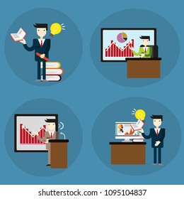 Businessman or manager. Illustration of business plan. A man in a suit shows a business plan. Vector, EPS 10