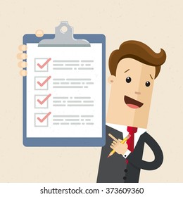 Businessman or manager. Illustration of business plan. A man in a suit shows a business plan. Vector, EPS 10