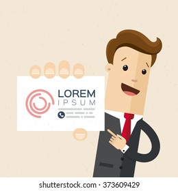 Businessman or manager. Illustration of business plan. A man in a suit shows a business card. Vector, EPS 10