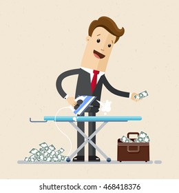 Businessman or manager iron money and put in his portfolio. Dirty money, laundering of money. Vector, illustration, flat