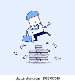 Businessman or manager jumping over obstacles. Large stack of documents. Cartoon character thin line style vector.