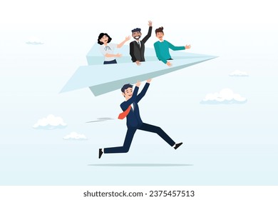 Businessman manager launching paper plane origami with team colleagues, mentor or support employee to success, manager to help or advice staff to reach goal, work coaching or adviser expert (Vector)