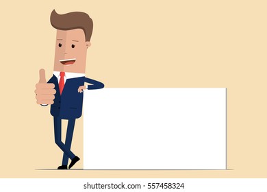 businessman or manager is leaning on banner advertising pointing thumb-up sign