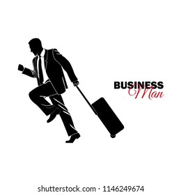 Businessman, Manager. A man in a business suit. Businessman is running with a suitcase, is late