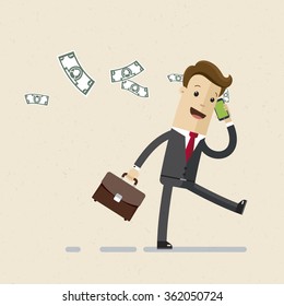 Businessman or manager. A man in a suit  with a briefcase in his hand talking on a cell phone.  Illustration, vector, EPS10.