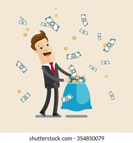 Businessman, manager. A man in a suit catching money in a sack. Illustration,  vector EPS10.