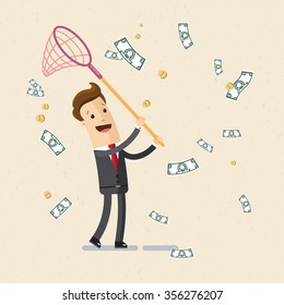 Businessman or manager. A man in a suit catching money by scoop-net. Illustration,  vector EPS10.