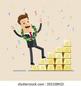 Businessman or manager. A man in a suit climbs a ladder of bars of gold. Illustration, vector EPS10.