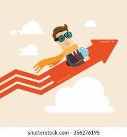 Businessman or manager. A man in suit flying in an airplane. Illustration of a positive trend. Vector EPS 10.