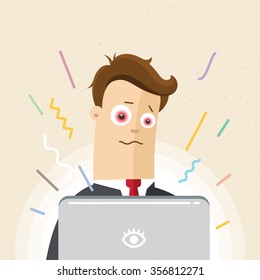 Businessman or manager. A man in a suit looking mad eyes into a monitor. Illustration, vector EPS10.