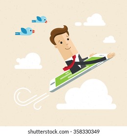 Businessman or manager. A man in a suit soars into the sky. Illustration, vector EPS10.