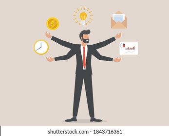 businessman or manager with many hands doing a lot of tasks. Multitasking, versatility, competence, management concept