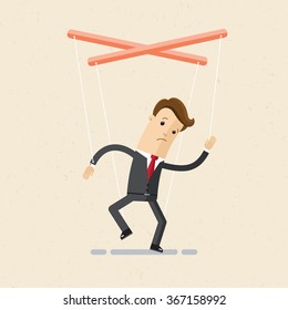 Businessman  or manager marionette is  hanging on ropes and controlled by hand. Vector illustration, EPS 10