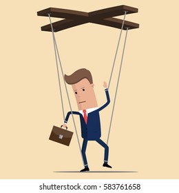 Businessman or manager marionette is hanging on ropes and controlled by hand. Worker marionette on ropes controlled .Vector illustration