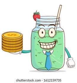 Businessman or manager of milkshake cartoon character holding stack of gold coins with funny smile face