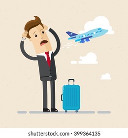 Businessman or manager missed a plane and very  upset. Illustration, vector, flat