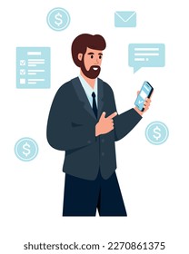 Businessman or manager with mobile phone. Smiling man using smartphone for work, online paying,  social media, business communication. Vector illustration isolated on white background.
