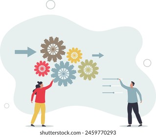 businessman manager optimizing cogwheels workflow system for best result.flat vector illustration.