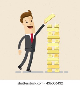 Businessman or manager plays Jenga with gold bars. Vector, flat, illustration