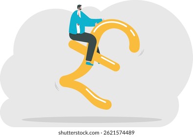 Businessman or manager and pound sterling .A man in a suit and with a briefcase in hand rides the pound sterling sign. Illustration, vector EPS10.

