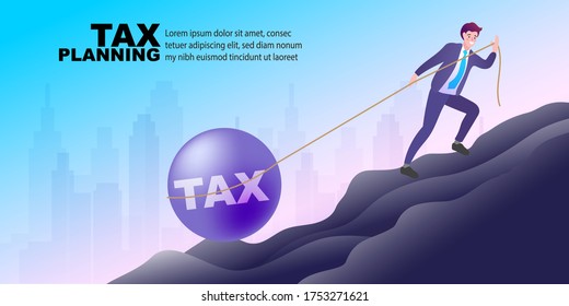 The businessman or manager is pulling his heavy ball along with tax type on it. Business concept, Flat style vector illustration.