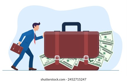 businessman or manager pushes a huge suitcase or briefcase with money. The concept of theft or bribery. Vector illustration in flat style.