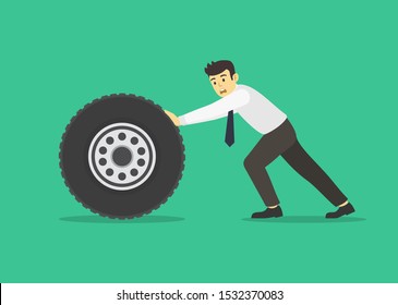 Businessman Or Manager Pushing A Car Wheel. Flat Vector Illustration.