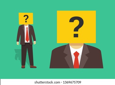 Businessman or manager with question mark head. Front and perspective view. Flat vector illustration.