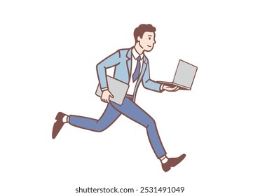 Businessman manager running and holding laptop. Hand drawn style vector design illustrations.