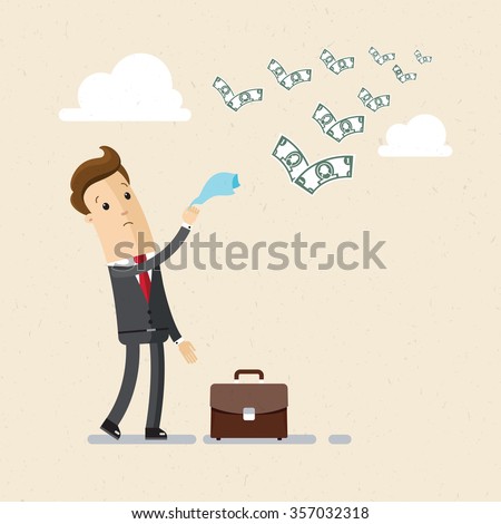 Businessman or manager. A sad man in a suit see off a flying away money. Illustration, vector EPS10.