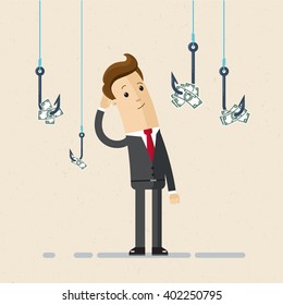 A businessman or manager selects one of  fishing hooks with money. Selection of jobs, careers, strategy. Flat, vector,  illustration.