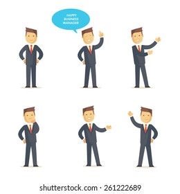 Businessman manager set in different interactive poses. Vector character