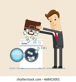 Businessman or manager shakes out  money from his portfolio into washing machine. Dirty money, laundering of money. Vector, illustration, flat