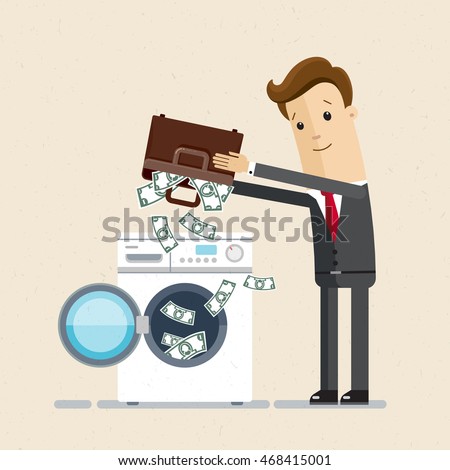 Businessman or manager shakes out  money from his portfolio into washing machine. Dirty money, laundering of money. Vector, illustration, flat