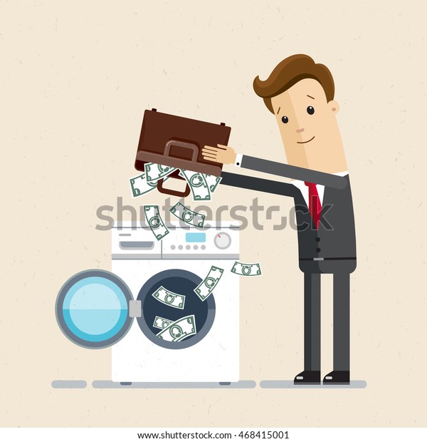 Businessman or manager shakes out  money from his\
portfolio into washing machine. Dirty money, laundering of money.\
Vector, illustration,\
flat