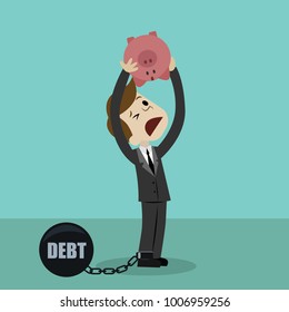 Businessman or manager is shaking out empty piggy bank because he has debt. Loosing investment and