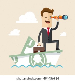 Businessman  or manager as a ship's captain, sailing a boat made  of dollars and looking through binoculars. Vector, illustration, flat