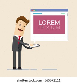 Businessman  or manager show presentation  on tablet.  New adaptive website template on  tablet screen. Vector, illustration, flat