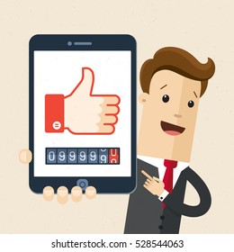 Businessman or manager shows sign "Likes" on a smartphone. Mobile Marketing concept. Social media, popular networks, market reviews. Vector, illustration, flat