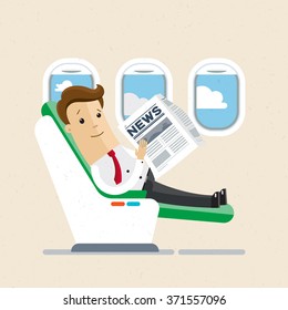 Businessman Or Manager  Sitting In An Airplane In Business Class. Comfort, Vip. Vector Illustration, EPS10