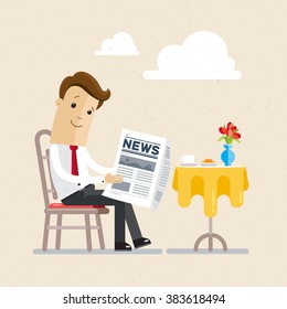 A businessman or manager is sitting in a cafe at a table and reading a newspaper. Meeting, business lunch. Illustration, vector EPS 10