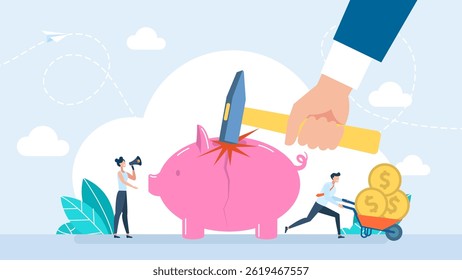 Empresário ou gerente esmagam um mealheiro. Mão humana segurando martelo acima da faixa do mealheiro. Conceito de banco de porcos quebrando, gastos, homem prestes a quebrar o banco de porcos. Ilustração vetorial