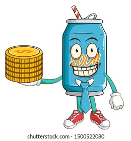 Businessman or manager of soda can cartoon character holding stack of gold coins with funny smile face
