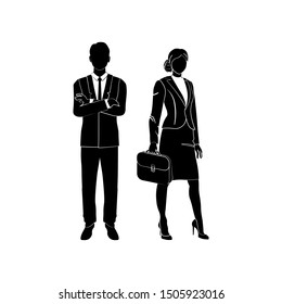 Businessman, manager standing with his arms crossed on his chest vector. Business woman standing with a case, a briefcase in hand. Vector illustration black on white background.