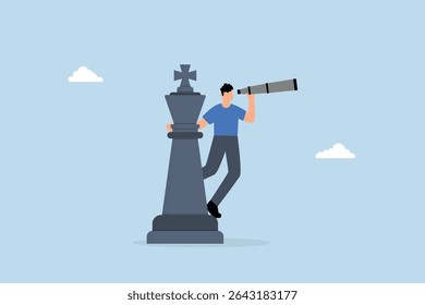 businessman manager standing on king chess piece using telescope to see business vision.